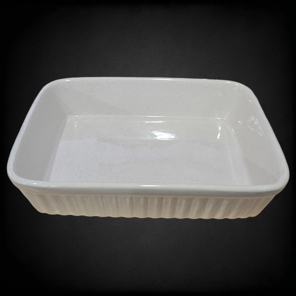 Vintage Stoneware Cream Speckled Japan Ribbed Mini Baking Dish Casserole Pan - Picture 1 of 9